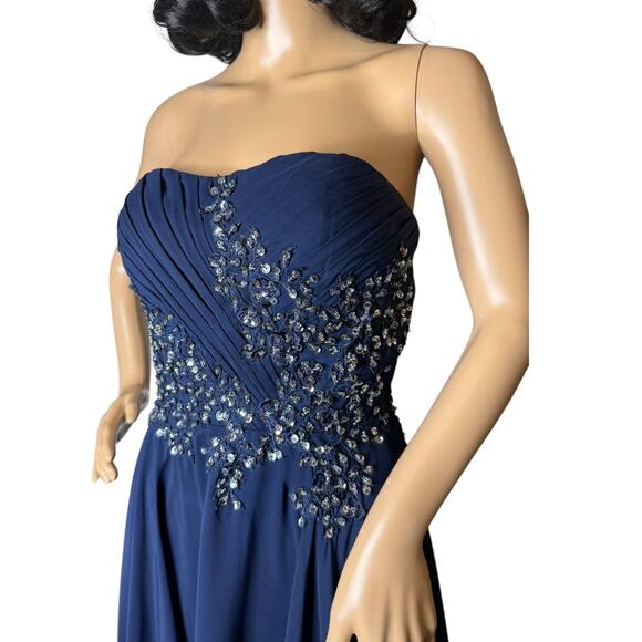 Alyn Rose Designs sweetheard strapless navy embellished pleated gown size 6 - Picture 4 of 17